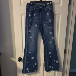 Grace in LA Blue Flare Jeans with White Floral Design